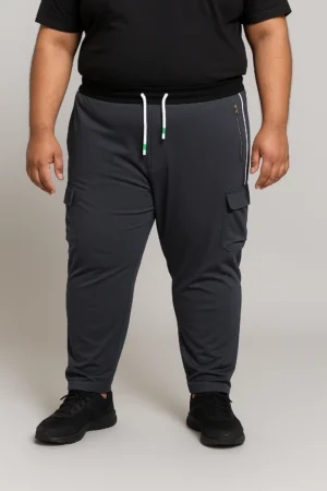 Front View: "Front view of men's cargo joggers with white side stripes and green-tipped drawstring" Back View: "Back view of men's black joggers featuring cargo pockets, white stripes, and secure back pocket"