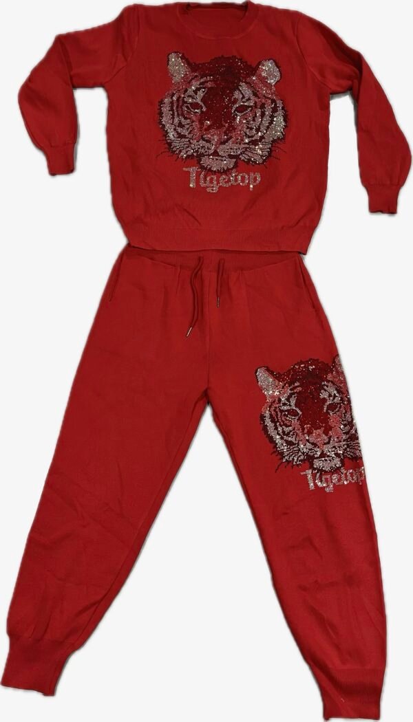 Women's Red Sequin Tiger Print Party Wear Cordset Set - Image 2