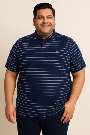 Navy blue men's striped polo shirt with mandarin collar and short sleeves laid flat on black background