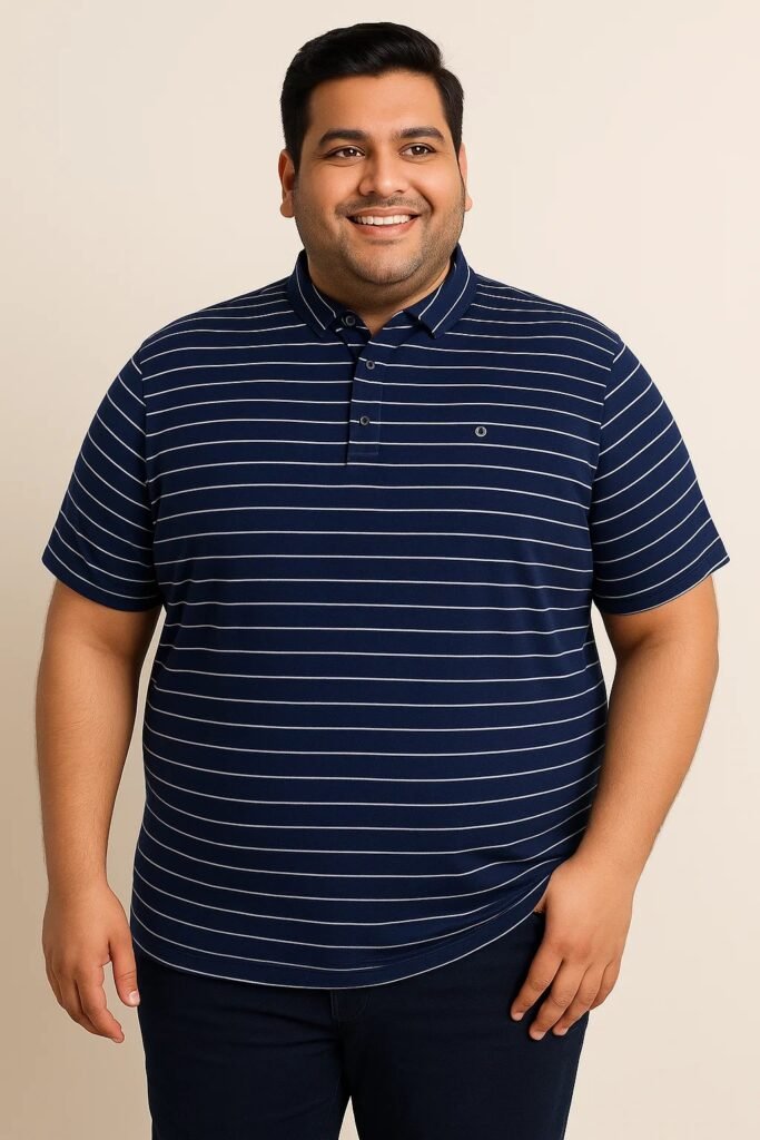 Navy blue men's striped polo shirt with mandarin collar and short sleeves laid flat on black background