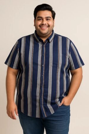 Plus size man wearing a navy blue vertical stripe short sleeve shirt with front buttons