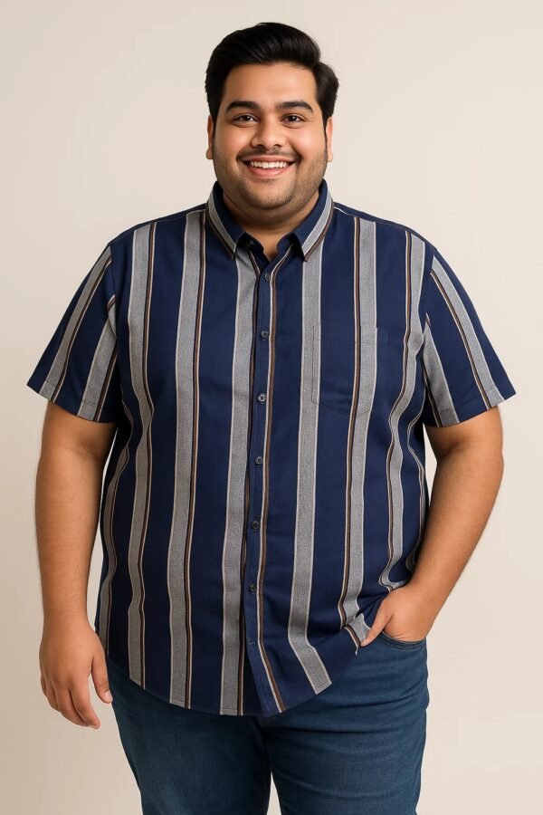 Plus size man wearing a navy blue vertical stripe short sleeve shirt with front buttons
