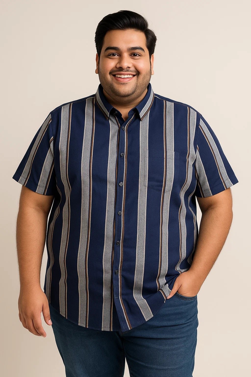 Plus size man wearing a navy blue vertical stripe short sleeve shirt with front buttons