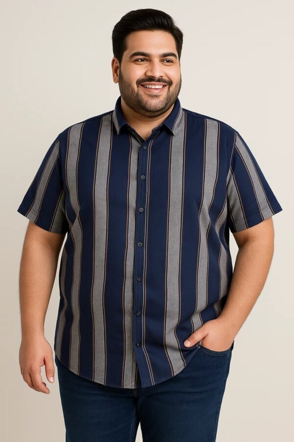 Plus Size Men’s Navy Blue Vertical Stripes Shirt - 4XL | 5XL - Image 2