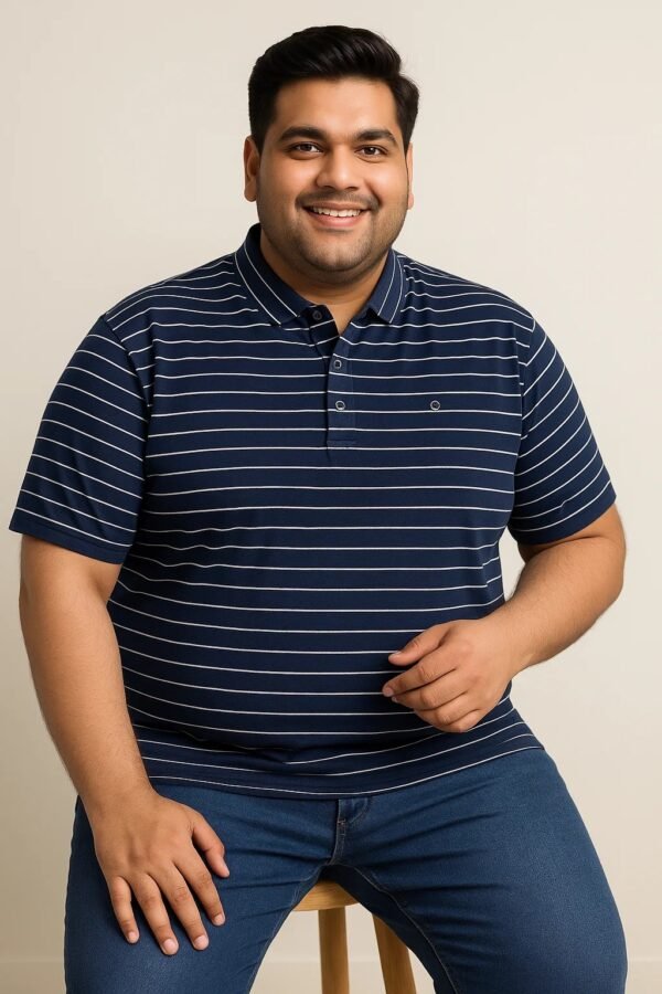 Men's Navy Blue Striped Polo T-Shirt – Casual Cotton Short Sleeve Tee - 9XL - Image 2