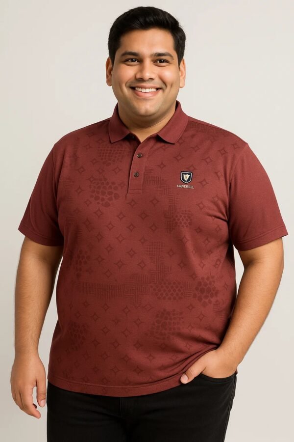 Maroon Plus Size Polo T-Shirt for Men | Geometric Textured Pattern