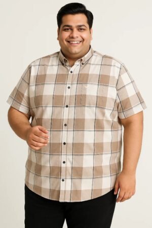 plus-size man wearing a short sleeve brown checkered shirt, ideal for casual wear.