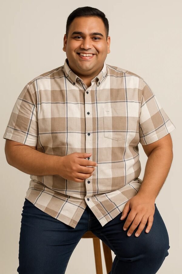 Mens's Brown Check Shirt – Short Sleeve Comfort Fit - 4XL - Image 2