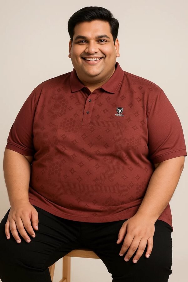 Maroon Plus Size Polo T-Shirt for Men | Geometric Textured Pattern - 9XL - Image 2