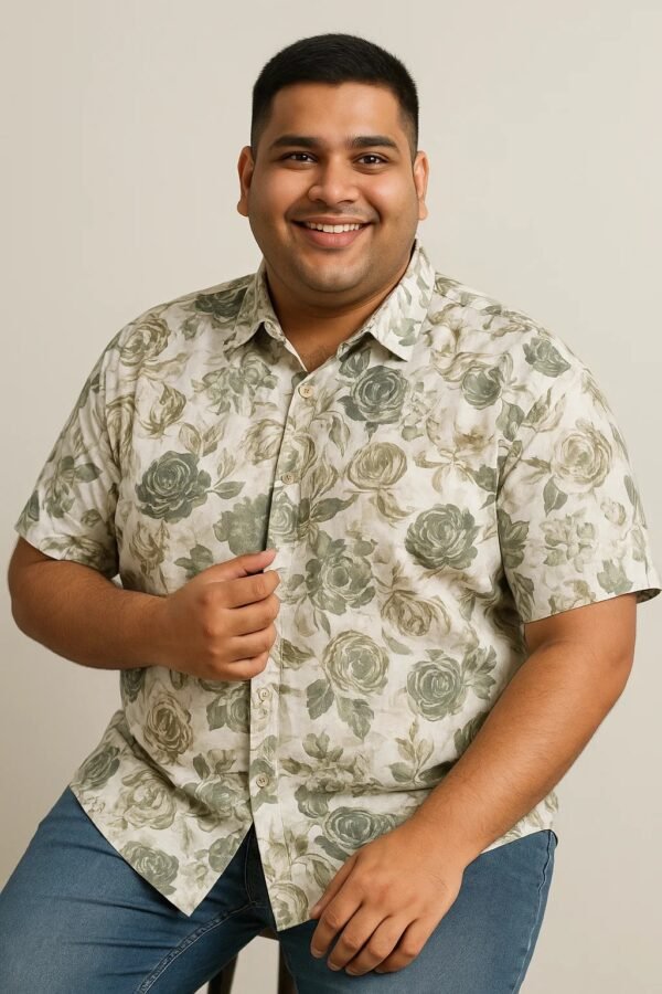 Trendy Men's Olive Green Floral Shirt - 4XL - Image 3