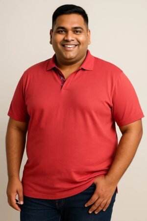 Coral red polo shirt for men in plus size with short sleeves and a classic collar, made of soft cotton