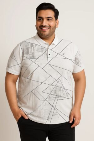 White plus-size men's polo t-shirt with abstract geometric cityscape design and black line patterns