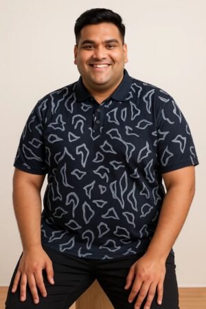 Plus-size man wearing a black polo shirt with abstract grey print, short sleeves, and a collared neckline