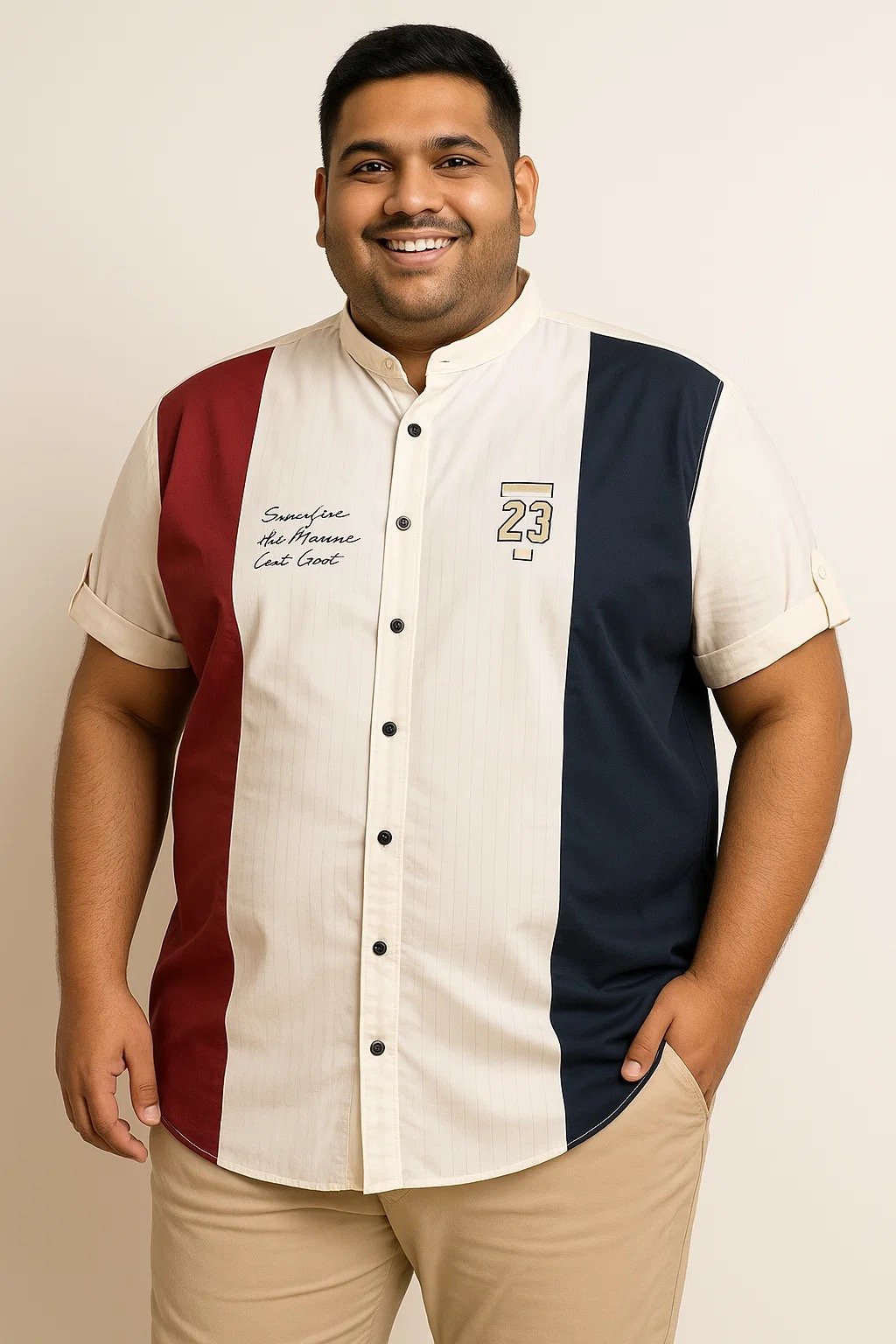 Men's plus-size colorblock casual shirt and buttoned loop sleeves