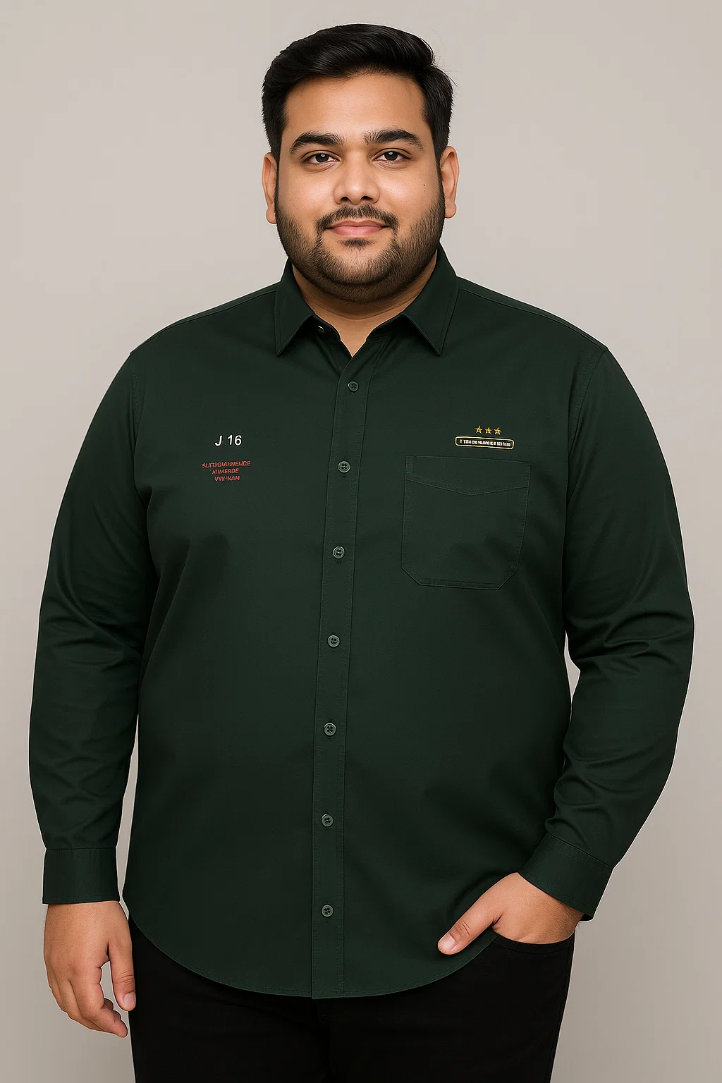 4XL plus-size men's shirt in dark green with subtle military patch design by miniPLUS