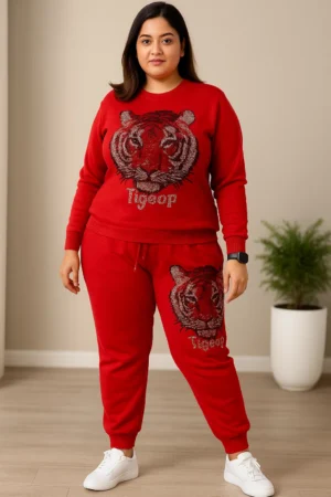 Women's Red Sequin Tiger Print Party Wear Cordset Set