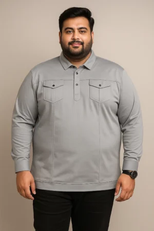 3XL Grey Full Sleeve T-Shirt with Twin Front Pockets