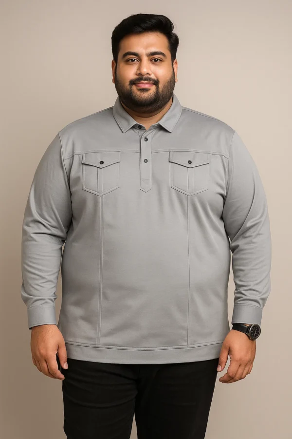 3XL Grey Full Sleeve T-Shirt with Twin Front Pockets