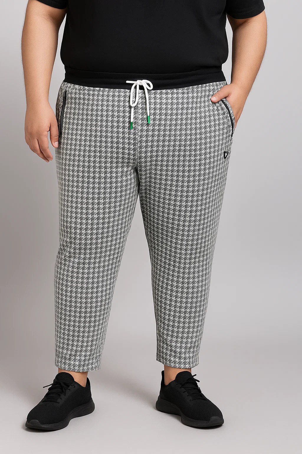 Men’s plus-size grey houndstooth checkered track pants with drawstring and zipper pockets