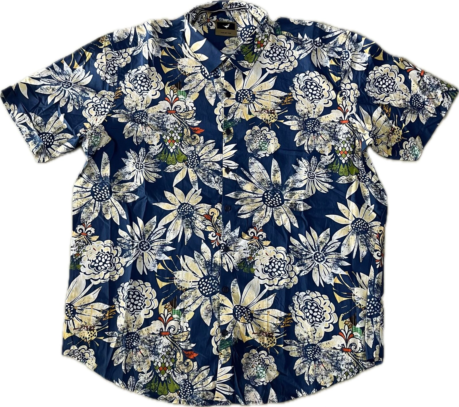 Men’s Navy Blue Floral Short Sleeve Shirt with White and Beige Tropical Flowers