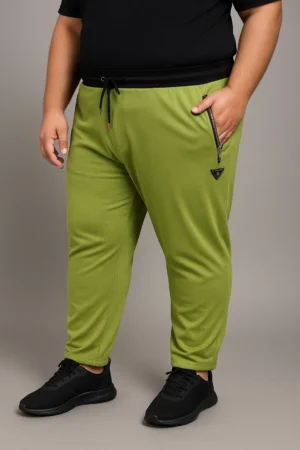 Green track pants with zip pockets and black waistband for men
