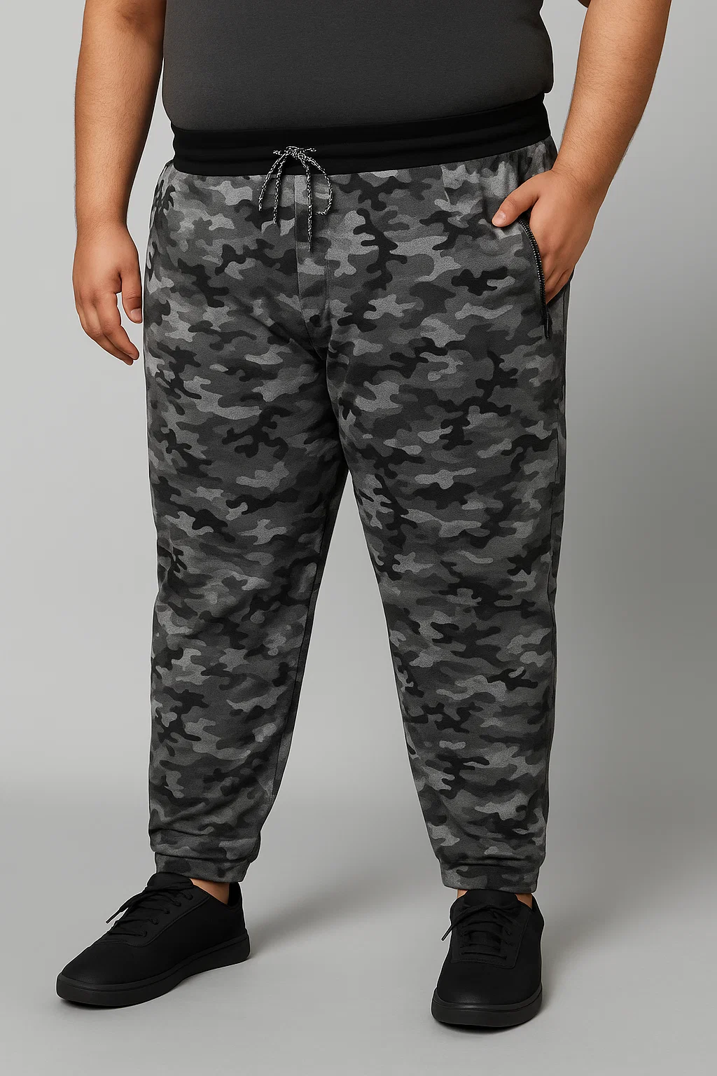 Men’s grey camouflage jogger pants with zipper pockets and drawstring waist – casual streetwear trousers