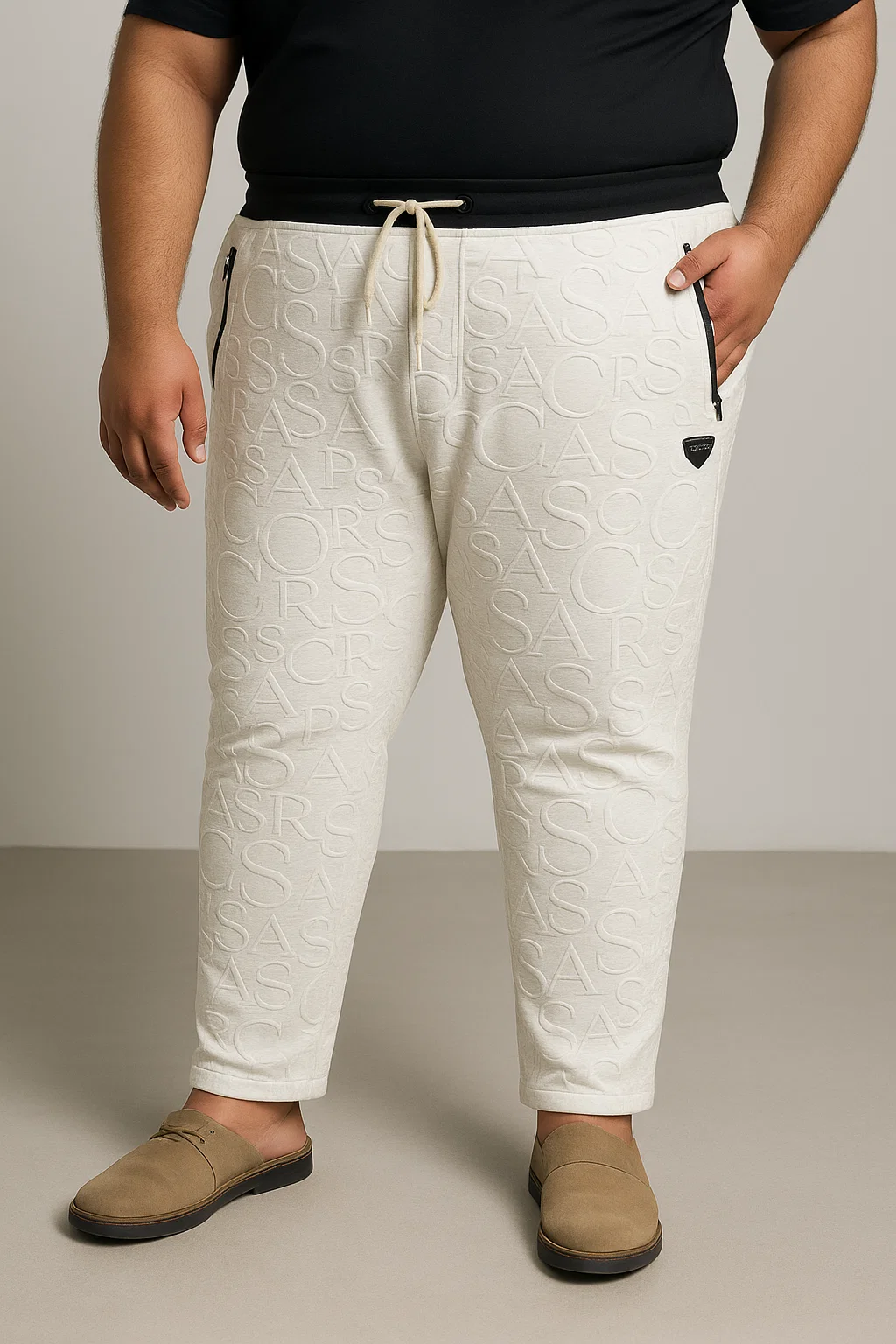 Plus size 5XL white embossed trackpants for men with zip pockets – modern tapered fit for big and tall styling